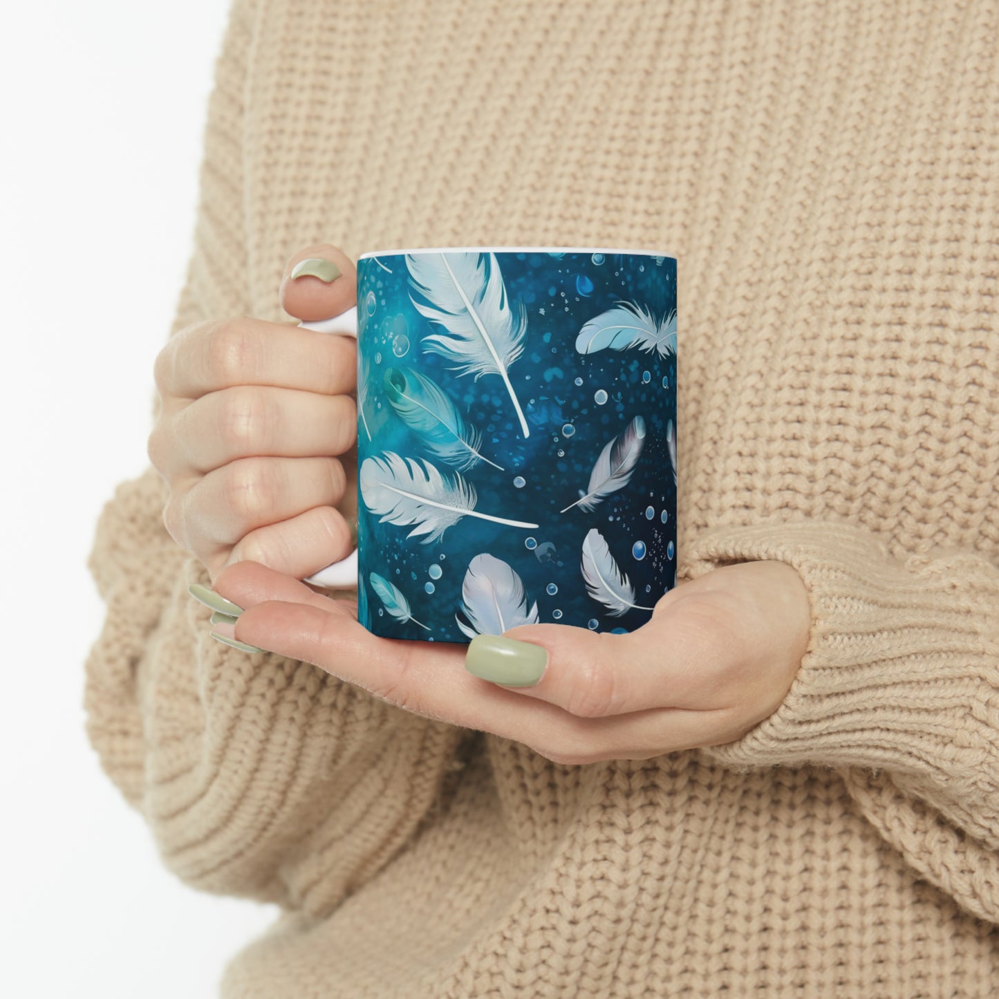 Sea of Feathers Coffee Tea Hot Beverage Decorative Ceramic Mug, 11oz