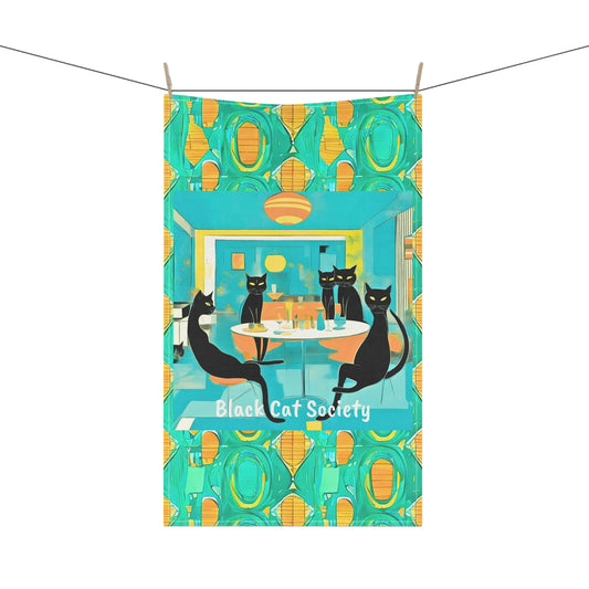 Black Cat Society Midcentury Modern Atomic Cat Cocktail Party Entertaining Decorative Kitchen Tea Towel/Bar Towel
