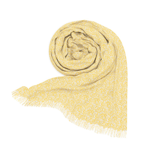 Yellow and White Antique Floral Lace Overly Fashion Light Scarf with Fringe