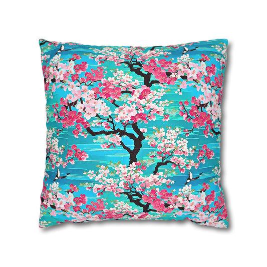 Turquoise Cherry Blossoms Japanese Kyoto Floral Decorative Spun Polyester Pillow Cover