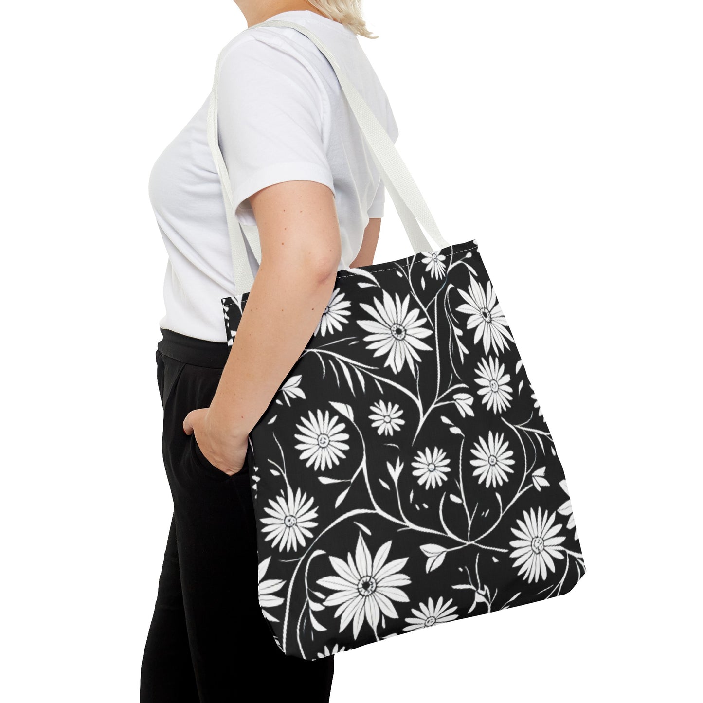 Field of Scandinavian Black and White Daisies 1970s Floral Pattern Book Tote Bag
