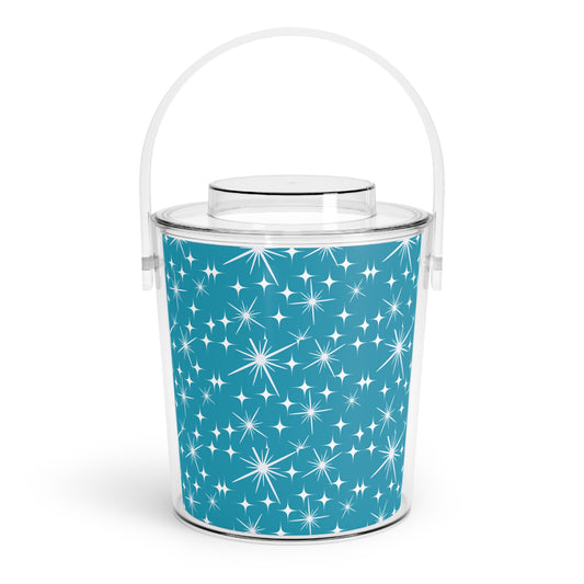 Midcentury Modern Celestial Stars Teal Ice Bucket with Tongs
