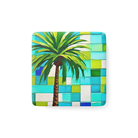 Turks and Caicos Palm Tree Poolside Tile Ocean Vacation Travel Kitchen Refrigerator Porcelain Magnet, Square
