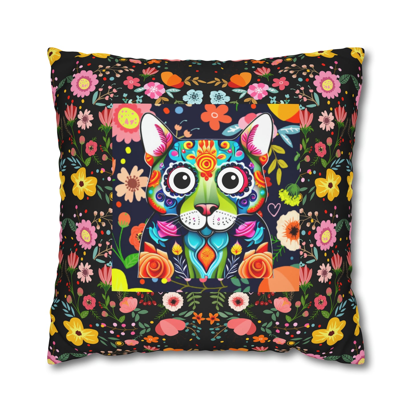 Flower Power Kitty Cat Floral Art Children's Playroom Nursery Art Square Poly Canvas Pillow Cover