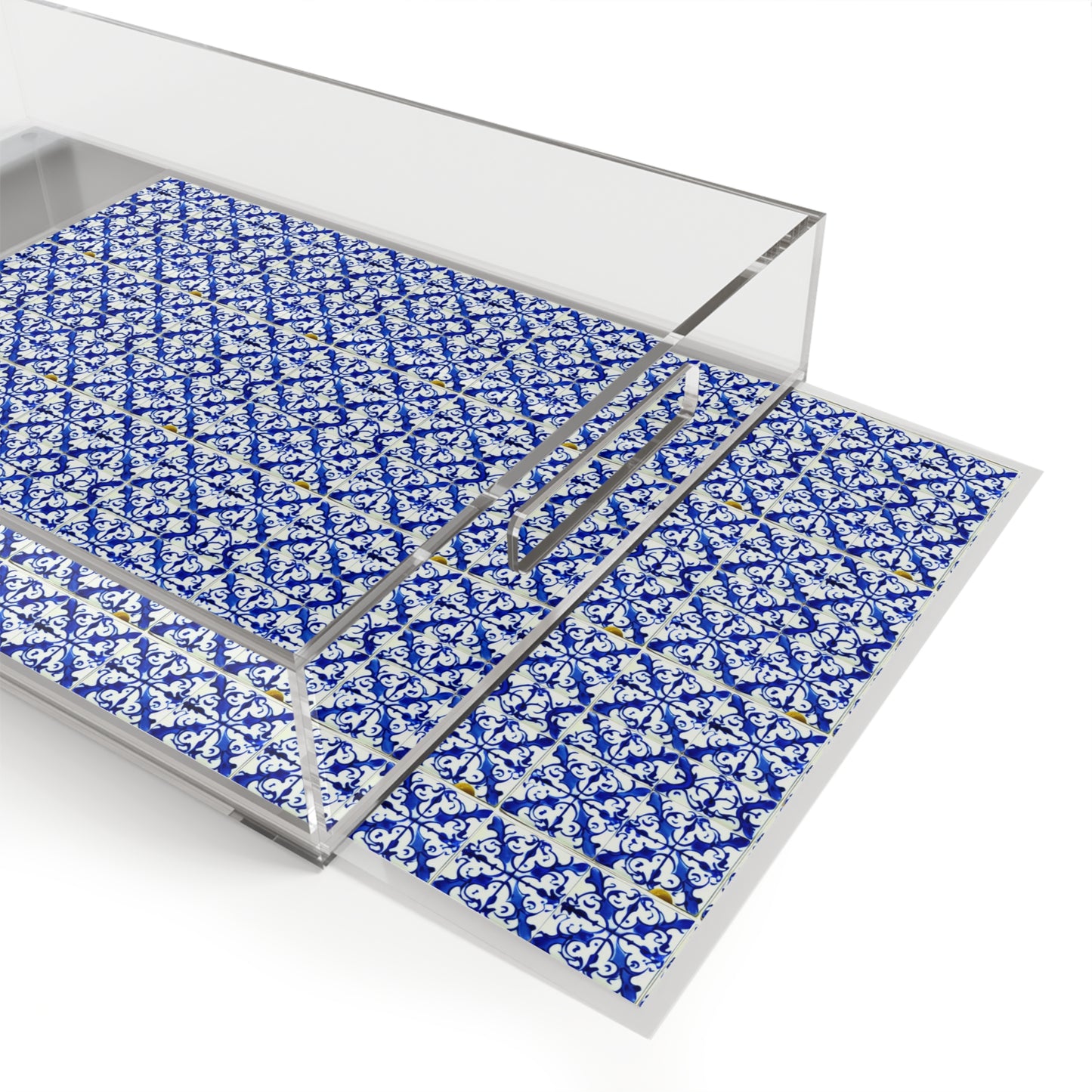 Blue and White Iron Gate Pattern Vintage Portugal Patio Entertaining Outdoor Acrylic Serving Tray