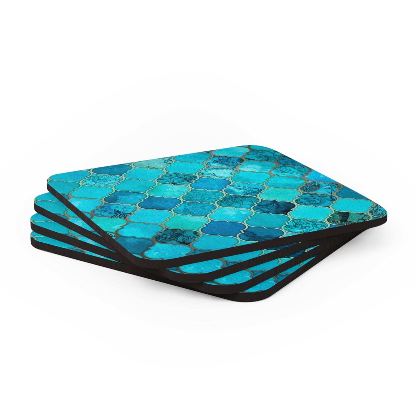 Teal and Turquoise Arabesque Tile Marrakech Moroccan Holiday Christmas Entertaining Corkwood Coaster Set