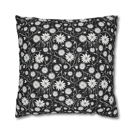 Field of Scandinavian Black and White Daisies 1970s Floral Pattern Decorative Spun Polyester Pillow Cover
