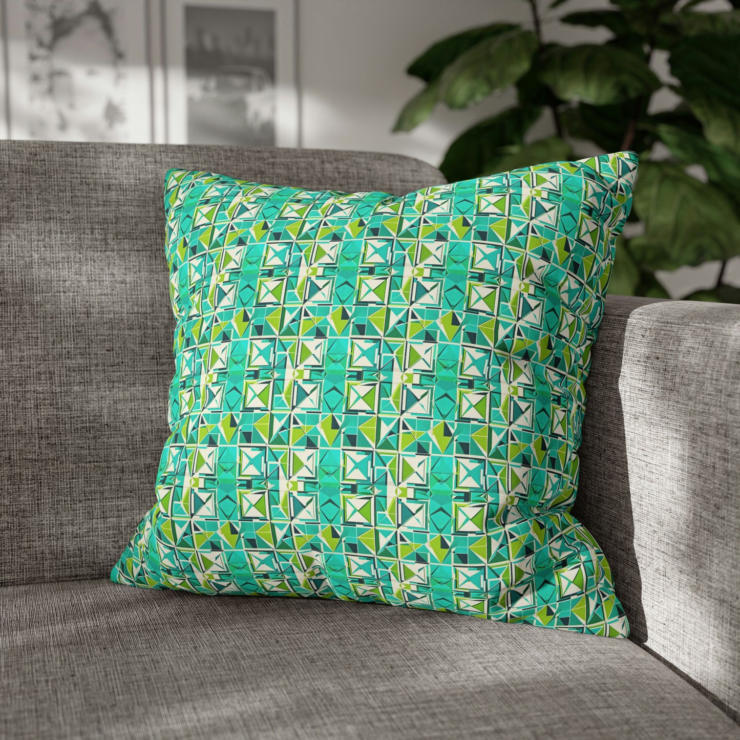 Cancun Vacation Midcentury Modern Tile Coastal Turquoise and Green Geometric Pattern Spun Polyester Pillow Cover