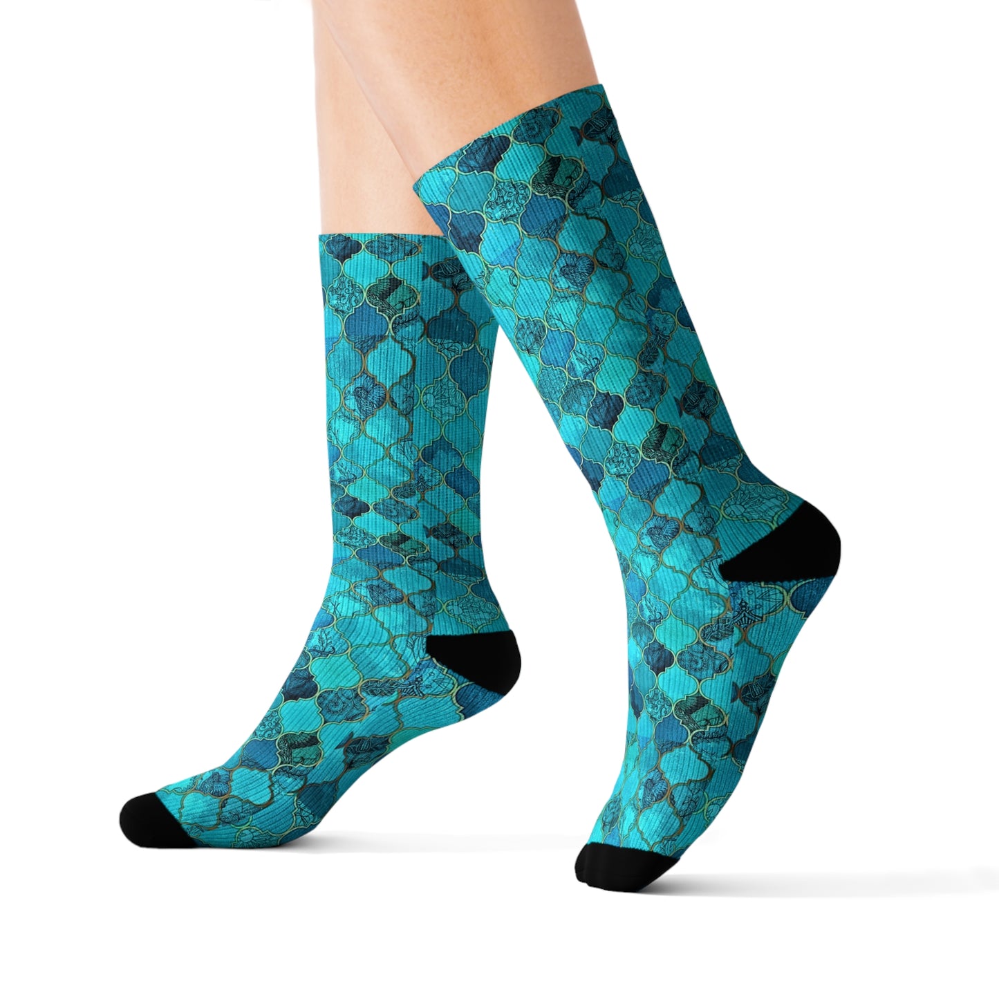 Teal and Turquoise Arabesque Tile Marrakech Moroccan Decorative Pattern Sublimation Socks