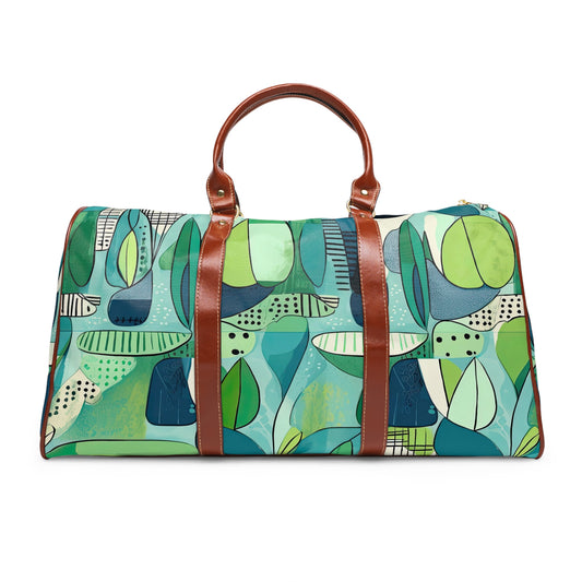 Cubist Midcentury Modern Garden Pattern Blue Green Vintage Waterproof Travel Bag