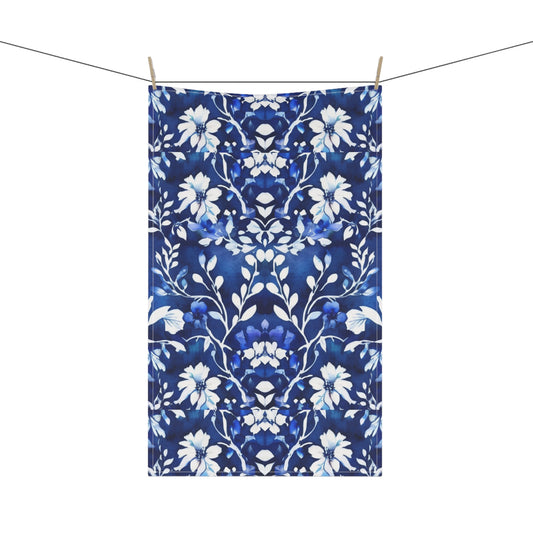 Morning Glory Blue and White Batik Watercolor Floral Vines Kitchen Tea Towel/Bar Towel