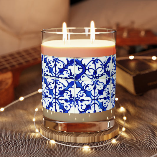 Blue and White Iron Gate Pattern Vintage Portugal Aromatherapy Essential Oils Natural Decorative Scented Candle - Full Glass, 11oz