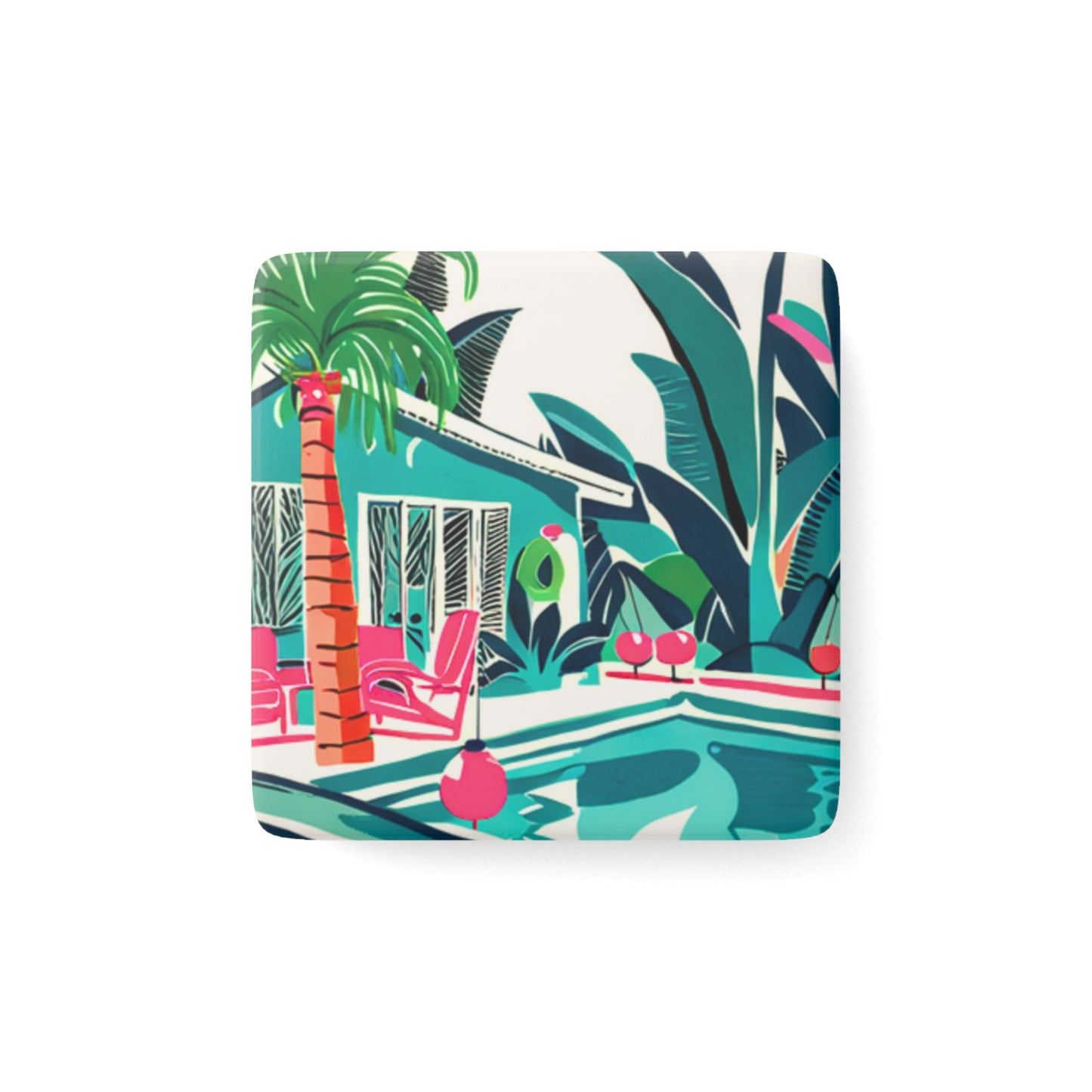 Miami Winter Poolside Midcentury Modern Palm Trees Tropical Flowers Refrigerator Kitchen Porcelain Magnet, Square
