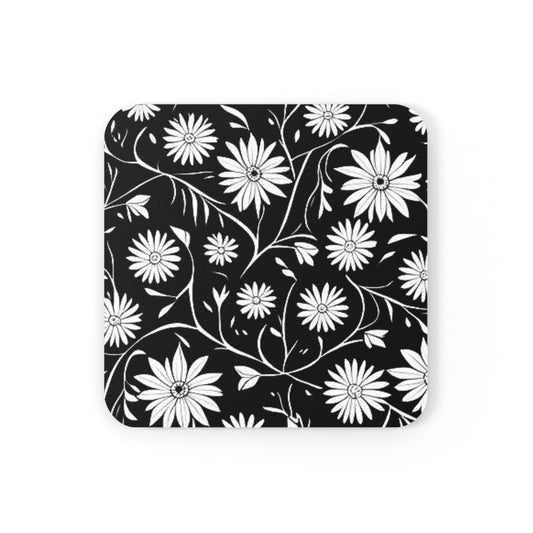 Field of Scandinavian Black and White Daisies 1970s Floral Pattern Cocktail Beverage Entertaining Corkwood Coaster Set