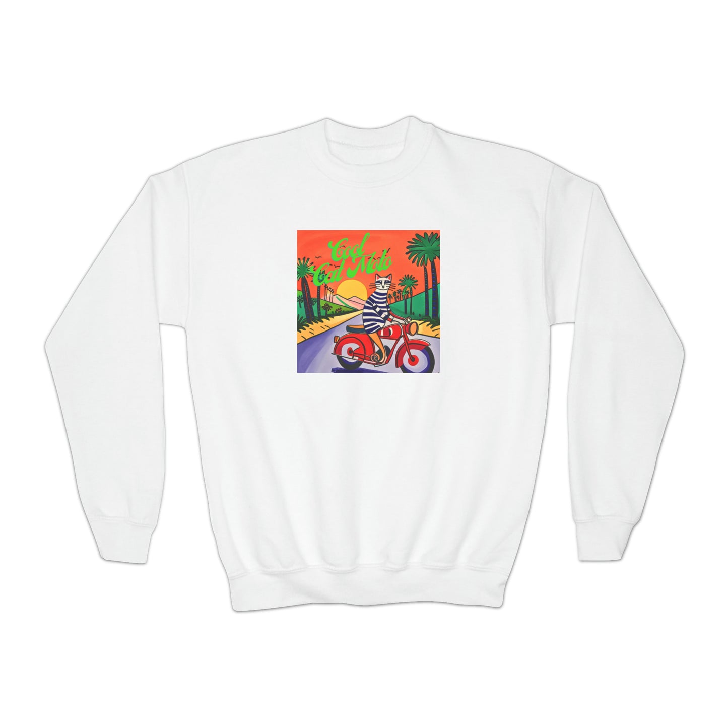 Cool Cat Moto Palm Springs Motorcycle Tour Illustration Cats Palm Trees Desert Youth Crewneck Sweatshirt