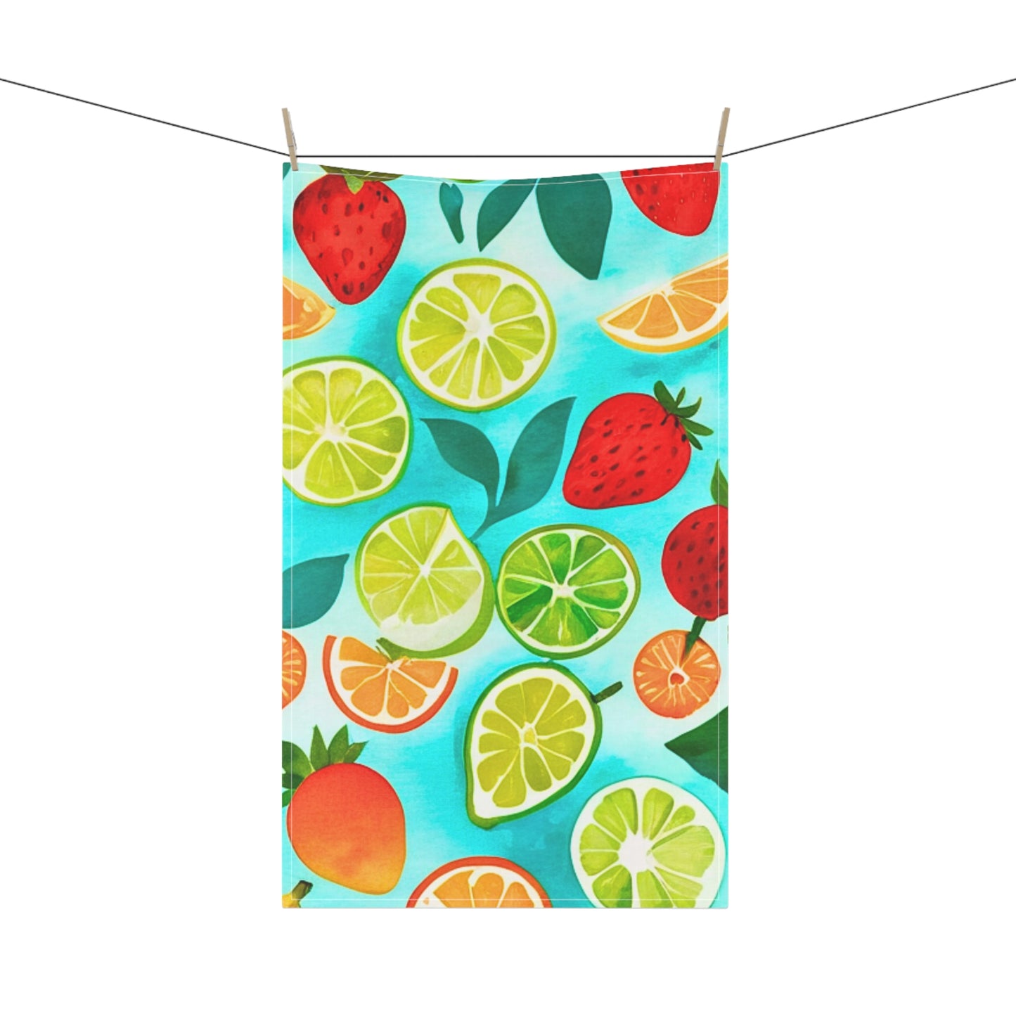 Summer Recipes Watercolor Strawberries Limes Plums Oranges Turquoise Midcentury Modern Illustration Decorative Kitchen Tea Towel/Bar Towel