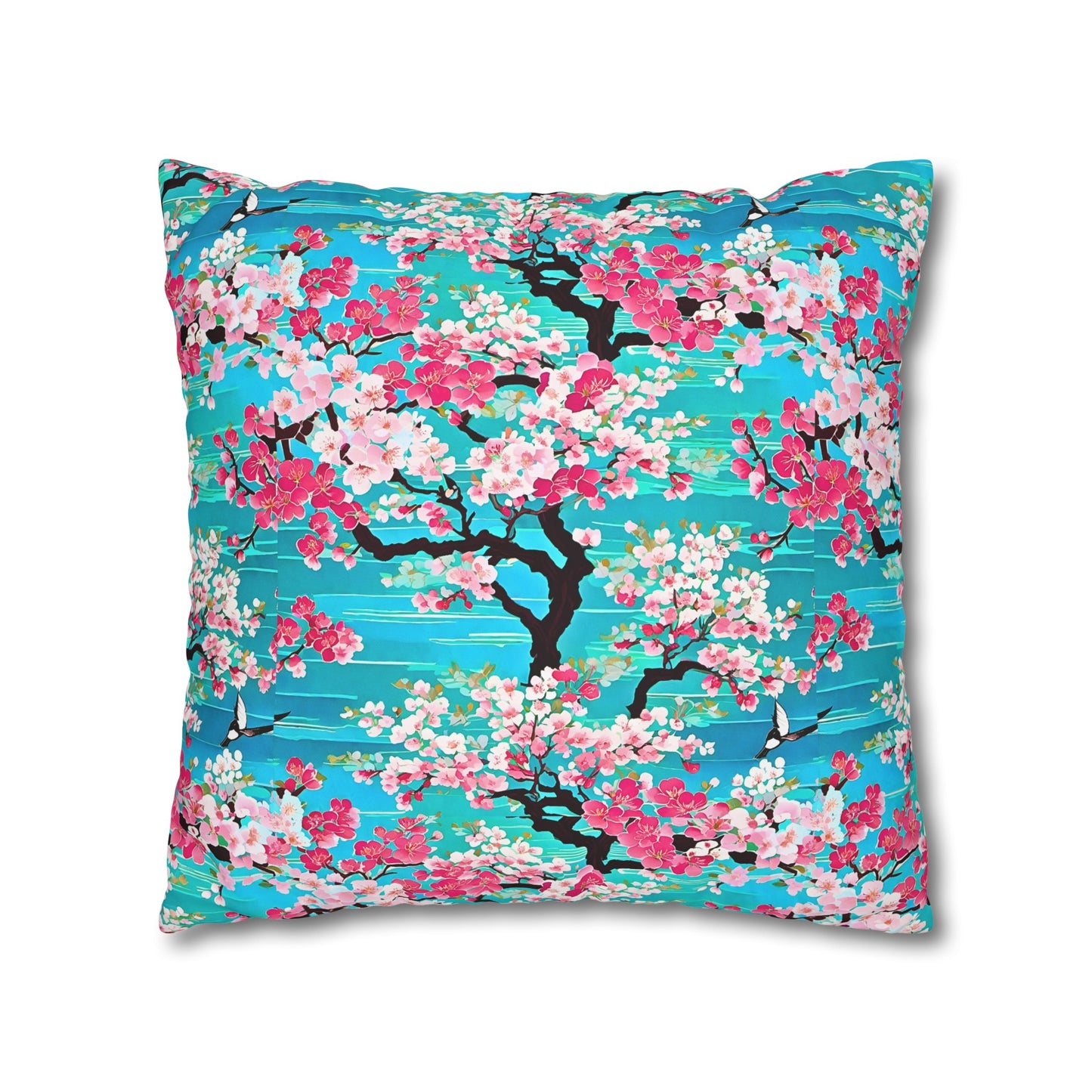 Turquoise Cherry Blossoms Japanese Kyoto Floral Decorative Spun Polyester Pillow Cover