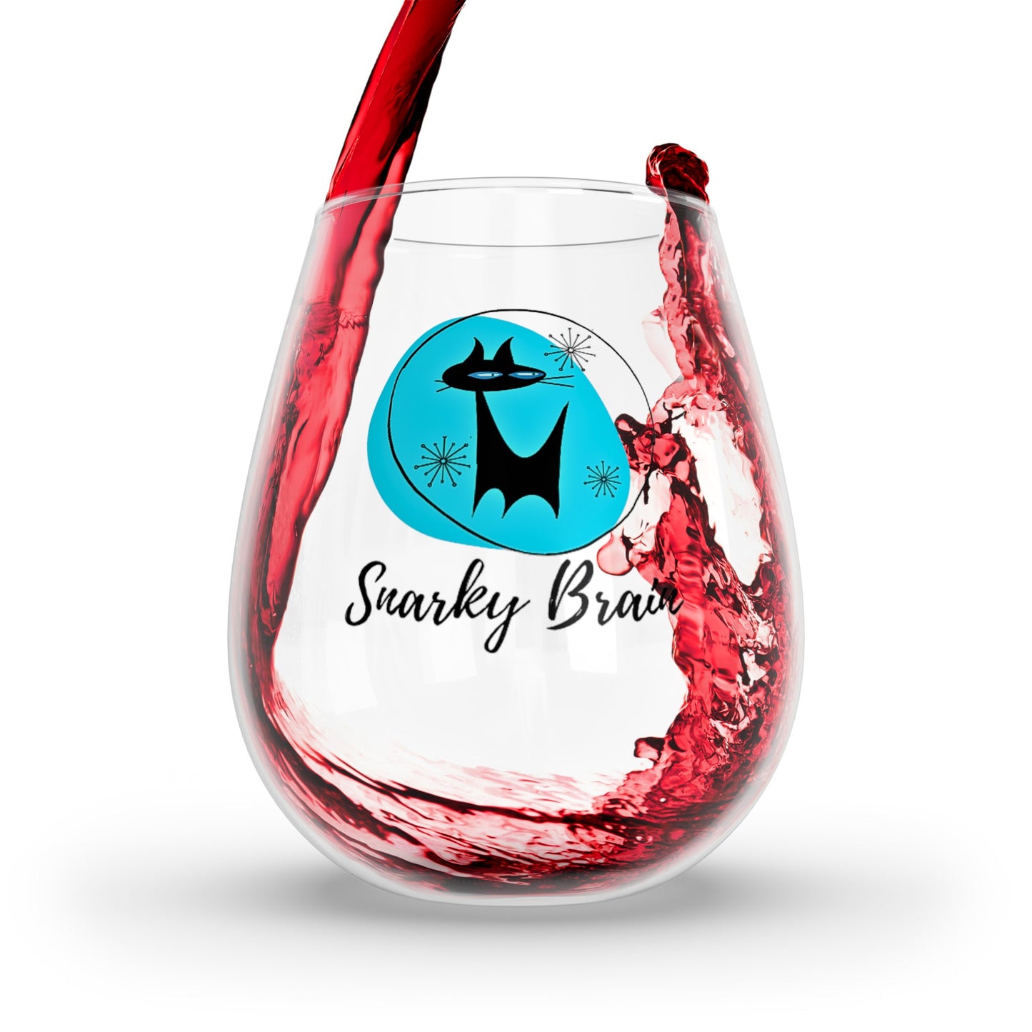 Snarky Brain Midcentury Modern Atomic Cat Turquoise Cocktail Party Stemless Wine Glass, 11.75oz