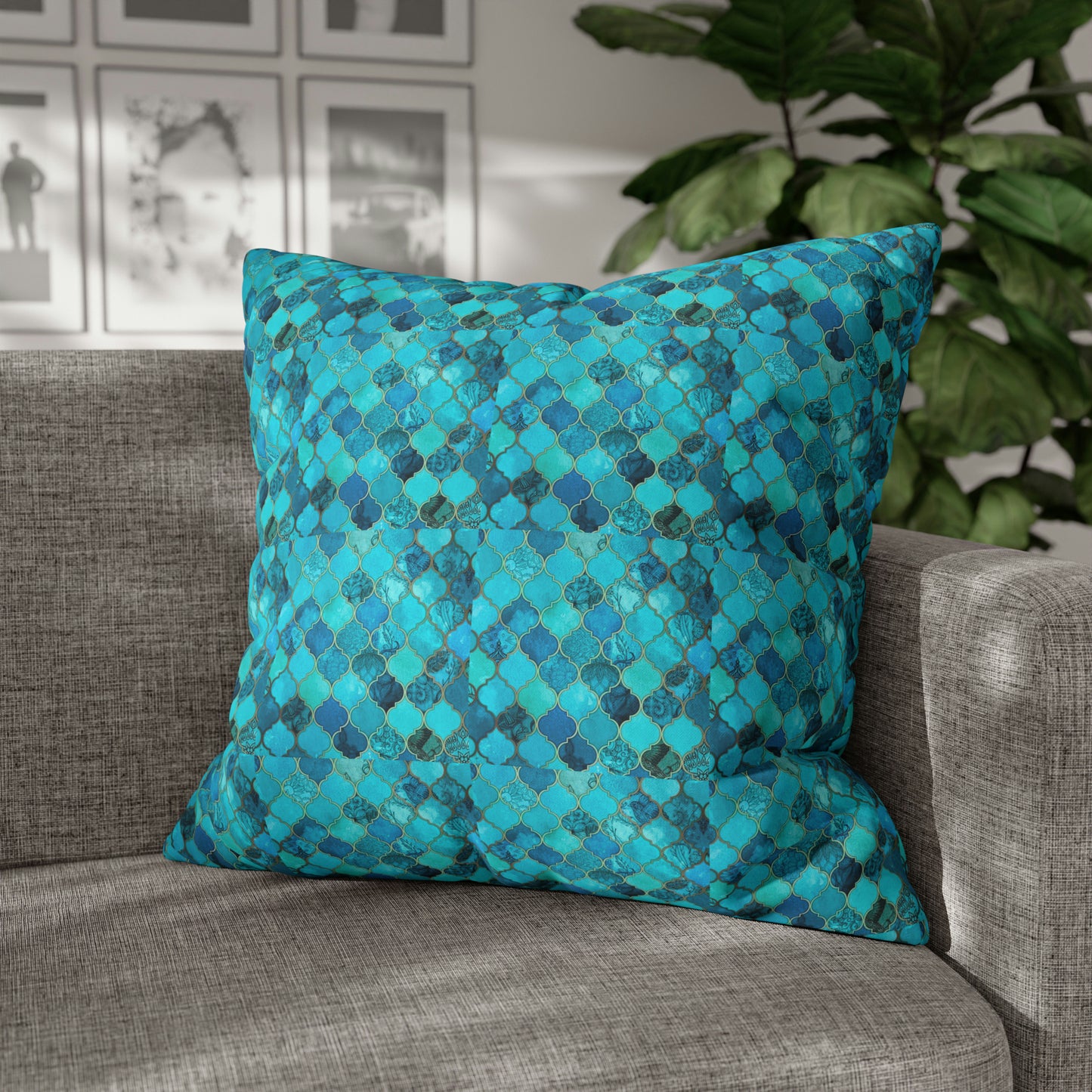 Teal and Turquoise Arabesque Tile Marrakech Moroccan Spun Polyester Pillow Cover