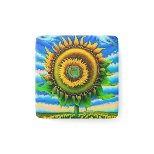 Spiral Sunflower Summer Refrigerator Kitchen Decorative Porcelain Magnet, Square
