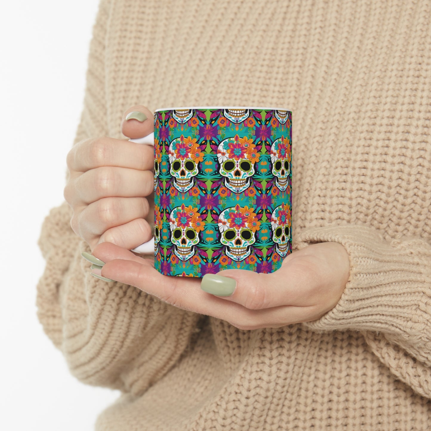 Day of the Dead Flower Power Skull Christmas Dia de los Muertos Mexican Hot Beverage Coffee Tea Ceramic Mug 11oz