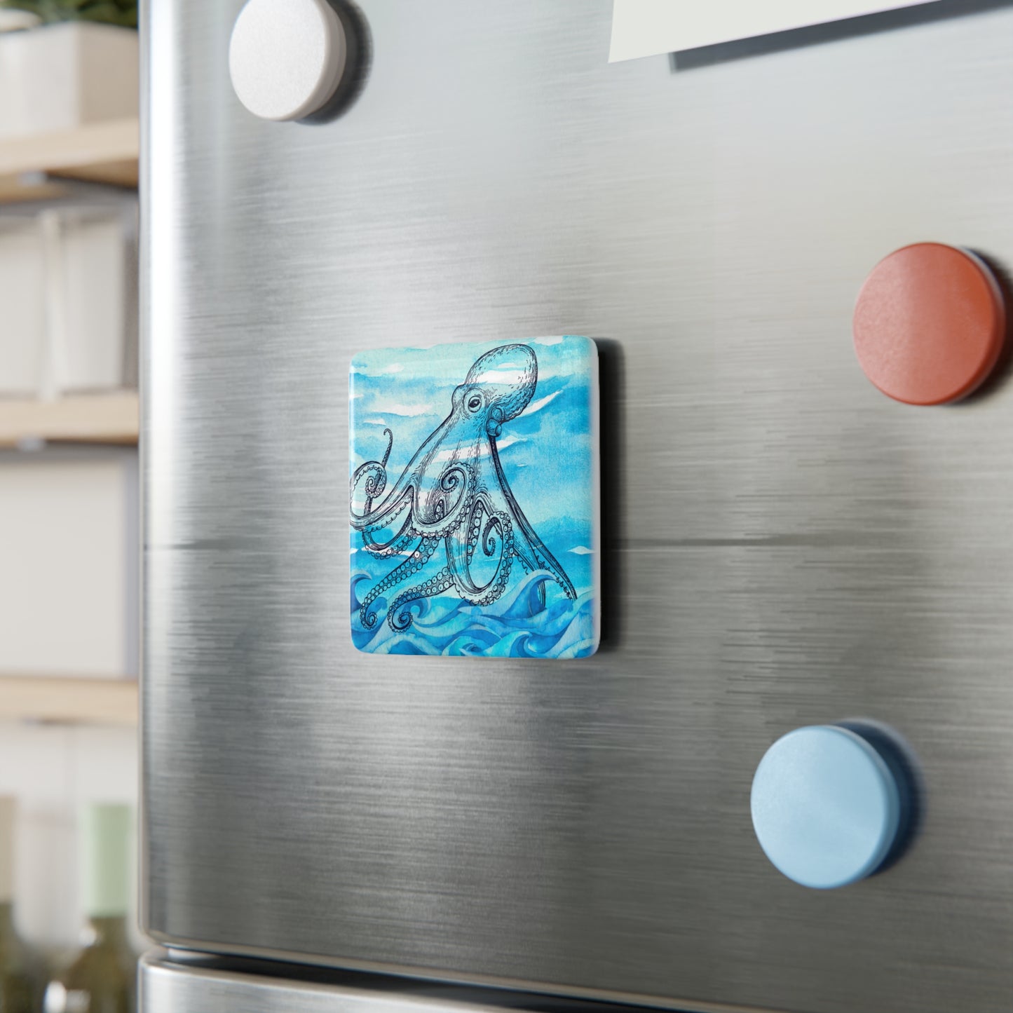 Coastal Summer Octopus  Watercolor Decorative Refrigerator Porcelain Magnet (Limited Edition June 2024)