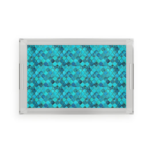 Teal and Turquoise Arabesque Tile Marrakech Moroccan Acrylic Serving Tray
