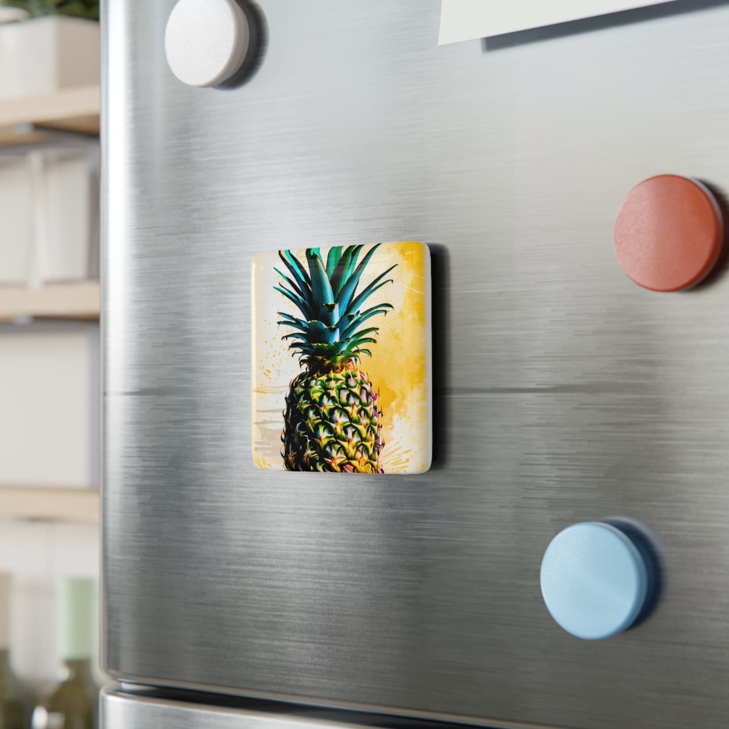 Yellow Watercolor Pineapple Decorative Refrigerator Porcelain Magnet, Square