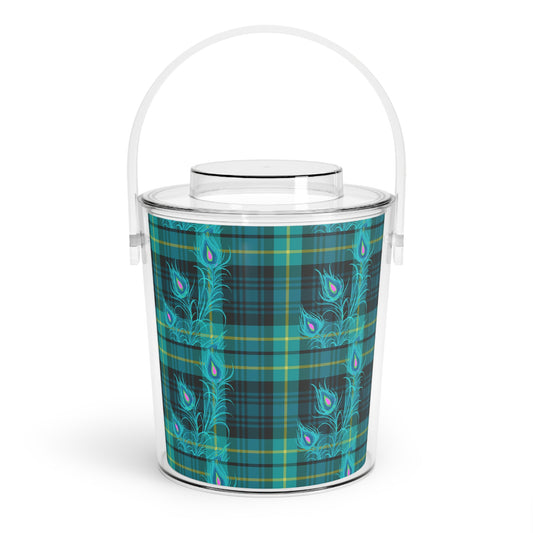 Tartan Plaid Peacock Feather Ice Bucket with Tongs