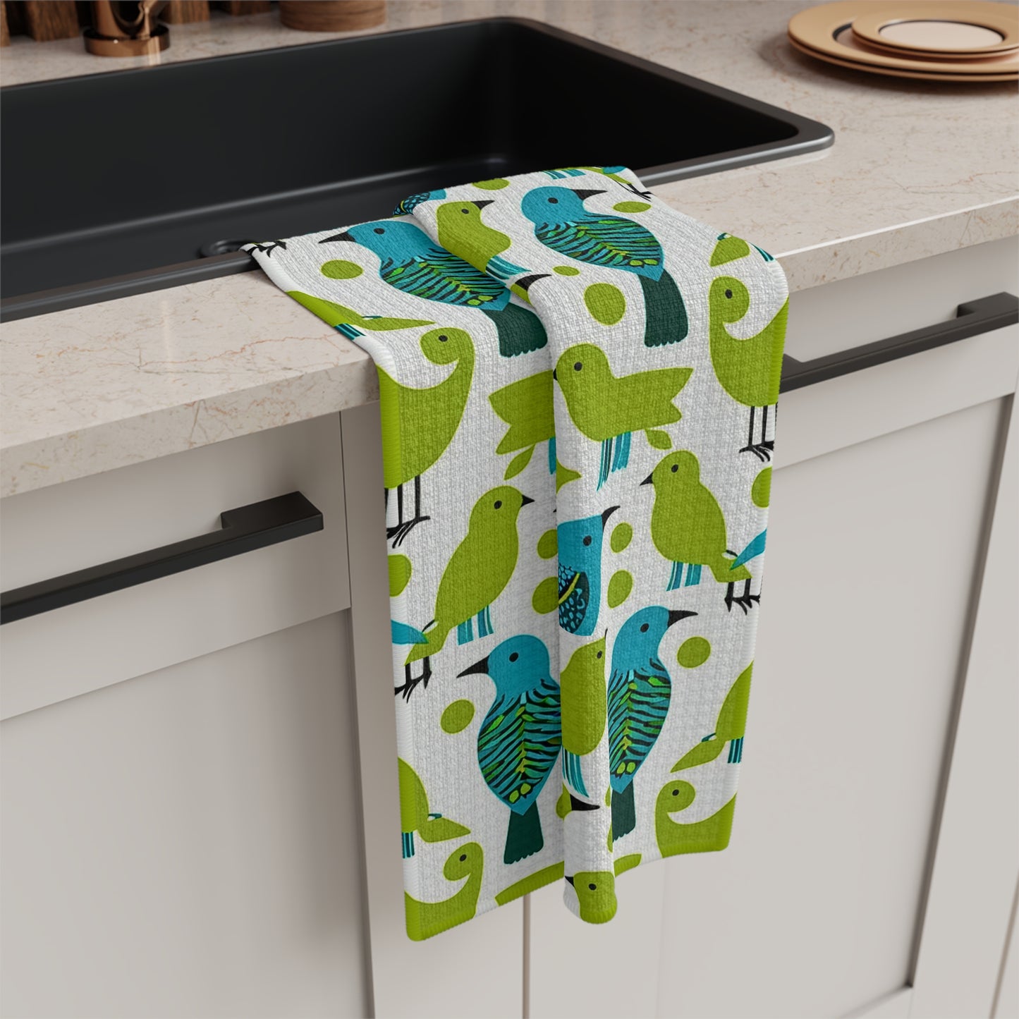 Springtime Birds in the Piazza Midcentury Modern Pattern Kitchen Waffle Microfiber Tea Towel/Bar Towel