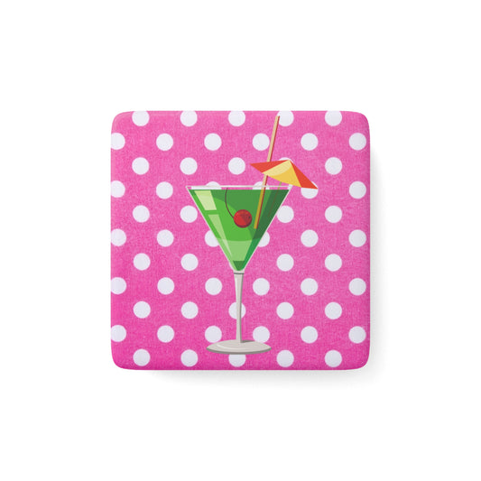 Triple Pink Polka Dot Martini Refrigerator Decorative Porcelain Magnet, Square