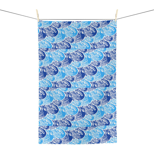 Ming Dynasty Waves Blue and White Chinese Woodblock Print Decorative Kitchen Waffle Microfiber Waffle Tea Towel/Bar Towel