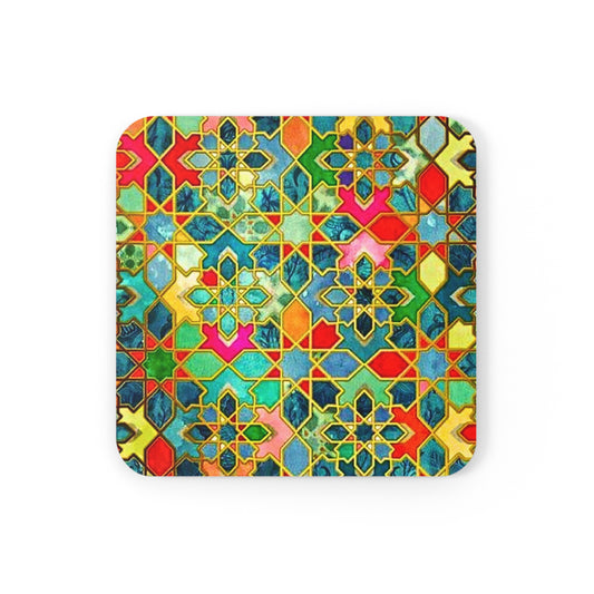 Tangier Market Moroccan Multi Colored Pattern Tile Cocktail Party Beverage Entertaining Home Decor Corkwood Coaster Set