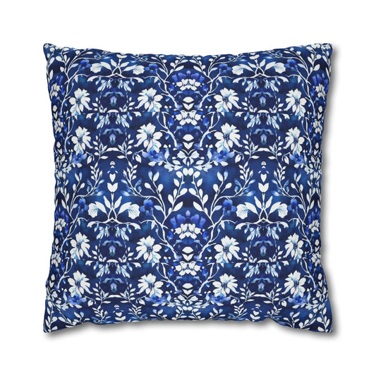 Morning Glory Blue and White Batik Watercolor Floral Vines Decorative Spun Polyester Pillow Cover