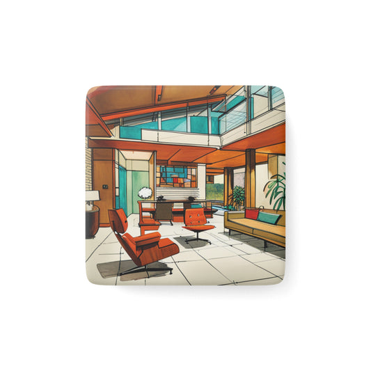 Atrium Sunroom Midcentury Modern Architect Interior Designer Rendering Turquoise Refrigerator Kitchen Porcelain Magnet, Square