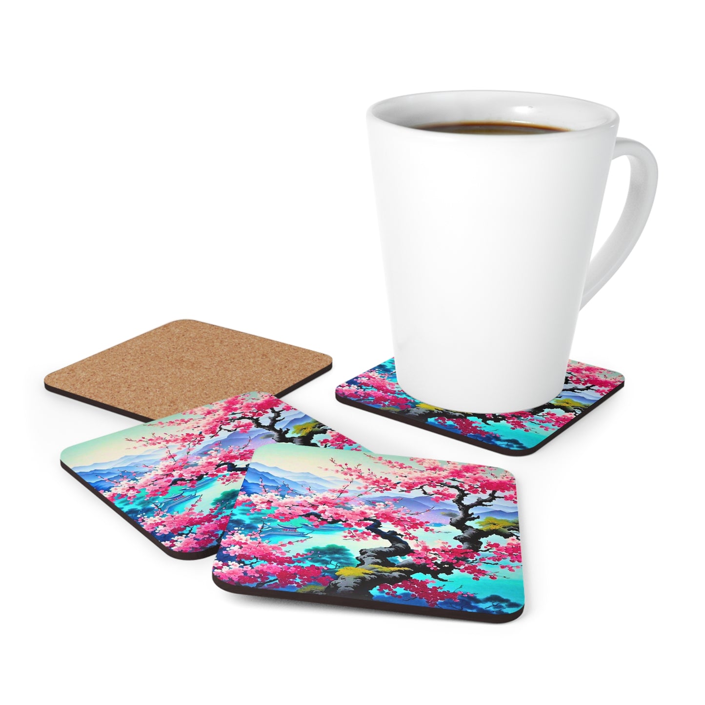 Japanese Mist Cherry Blossom Tree Dream Asian Cocktail Party Entertaining Beverage  Corkwood Coaster Set