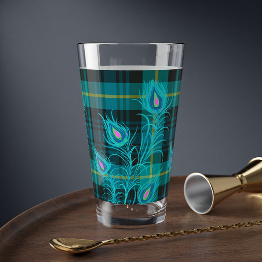 Tartan Plaid Peacock Feather  Cocktail Party Beverage Entertaining Mixing Glass, 16oz