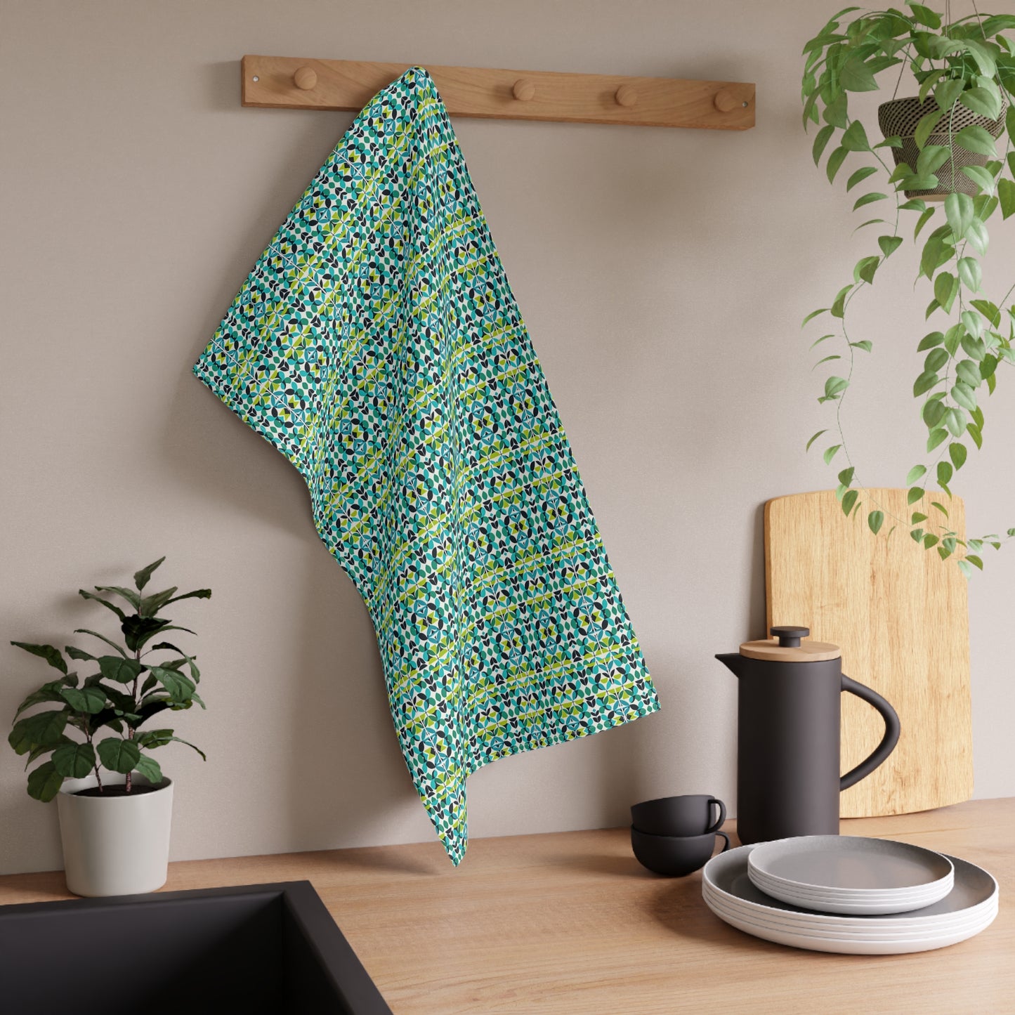 Midcentury Modern Green Foliage Pattern Decorative Kitchen Tea Towel/Bar Towel
