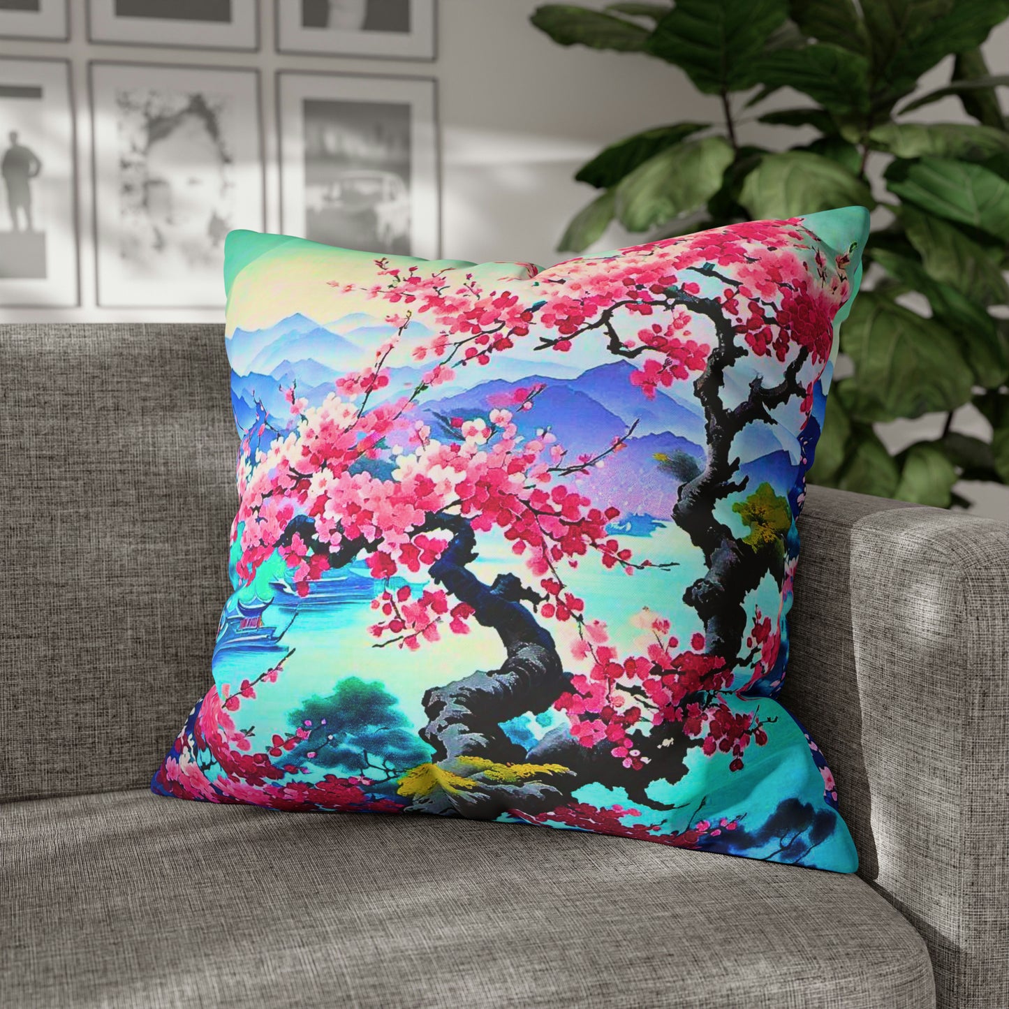 Japanese Mist Cherry Blossom Tree Dream Landscape Decorative Spun Polyester Pillow Cover