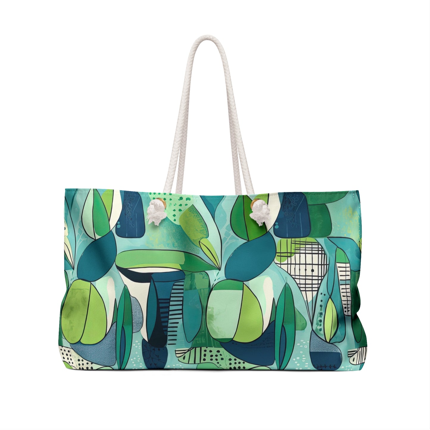 Cubist Midcentury Modern Garden Pattern Blue Green Market Shopper Travel Beach Weekender Bag
