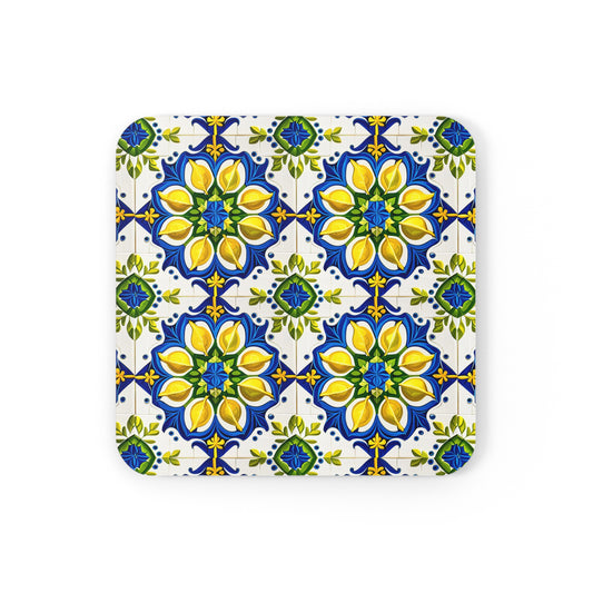 Island of Capri Limone Italian Durata Tile Pattern Cocktail Beverage Entertaining Home Corkwood Coaster Set