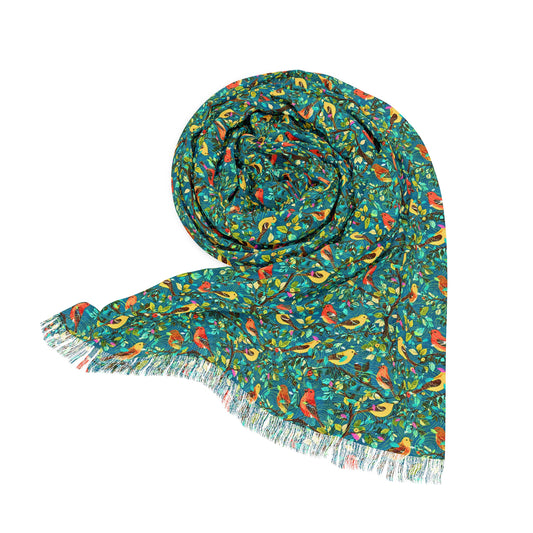 Birds of Joy Light Scarf with Fringe