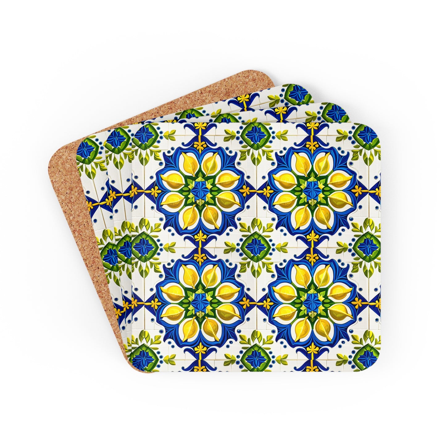 Island of Capri Limone Italian Durata Tile Pattern Cocktail Beverage Entertaining Home Corkwood Coaster Set