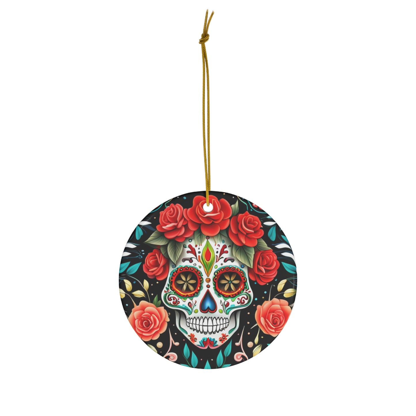 Day of the Dead Skull Floral Rose Crown Red Ceramic Ornament