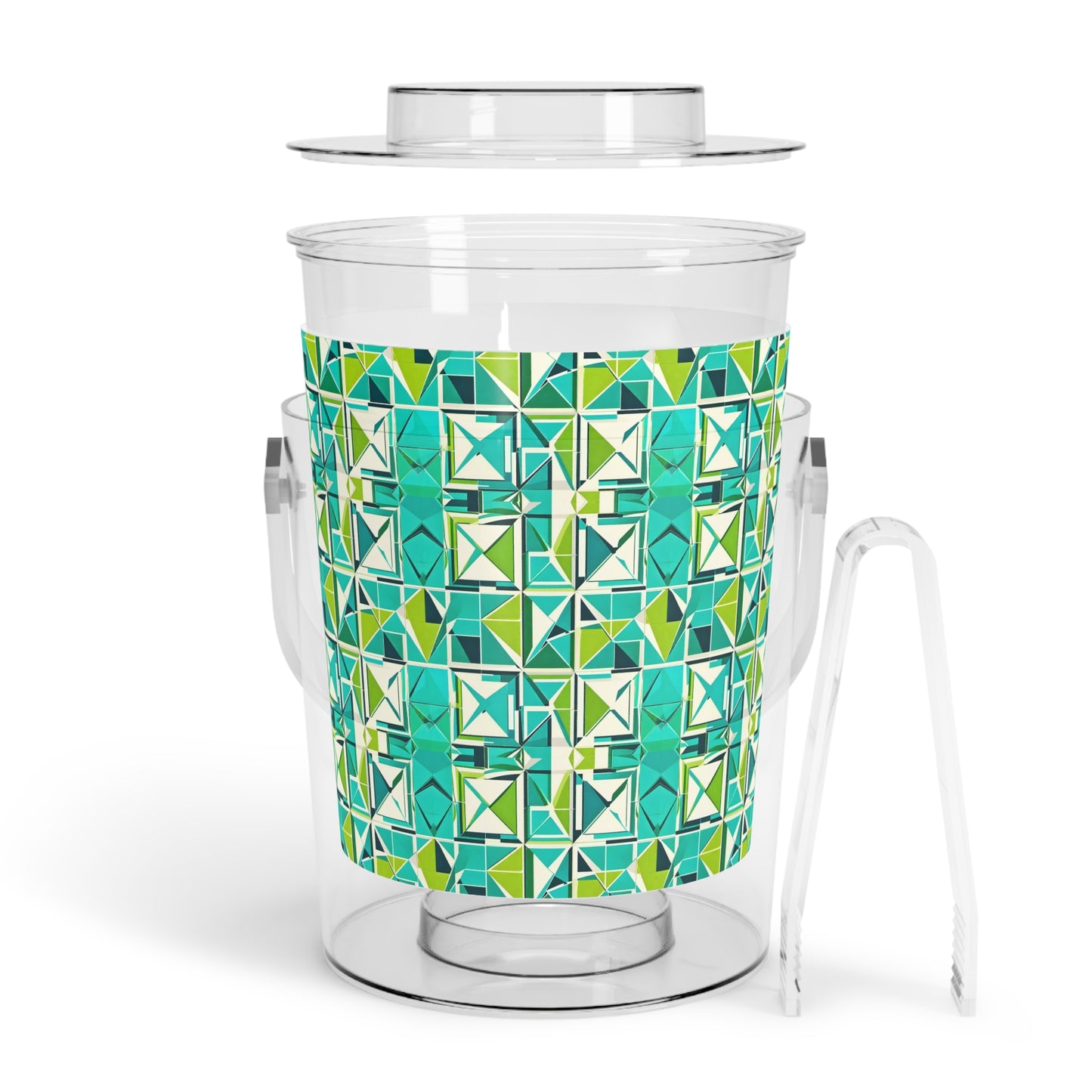 Cancun Vacation Midcentury Modern Tile Turquoise and Green Geometric Pattern Patio Summertime Outdoor Party Ice Bucket with Tongs