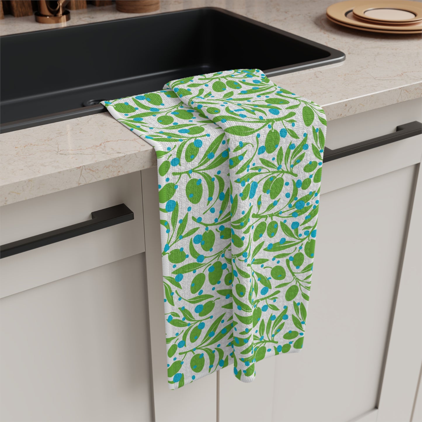 Olive Branches Midcentury Modern Green Blue Decorative Pattern Kitchen Microfiber Waffle Tea Towel/Bar Towel