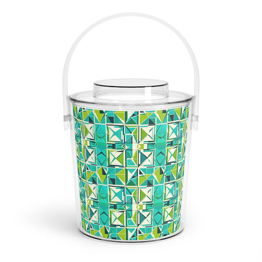 Cancun Vacation Midcentury Modern Tile Turquoise and Green Geometric Pattern Patio Summertime Outdoor Party Ice Bucket with Tongs