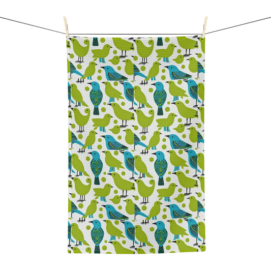 Springtime Birds in the Piazza Midcentury Modern Pattern Kitchen Waffle Microfiber Tea Towel/Bar Towel