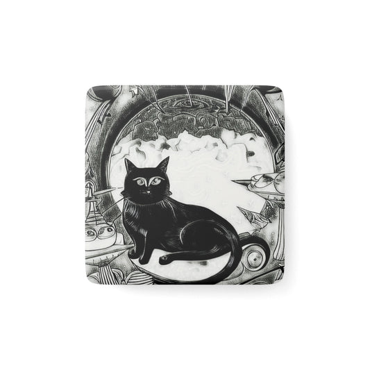 Space Cat Black and White Refrigerator Decorative Porcelain Magnet, Square