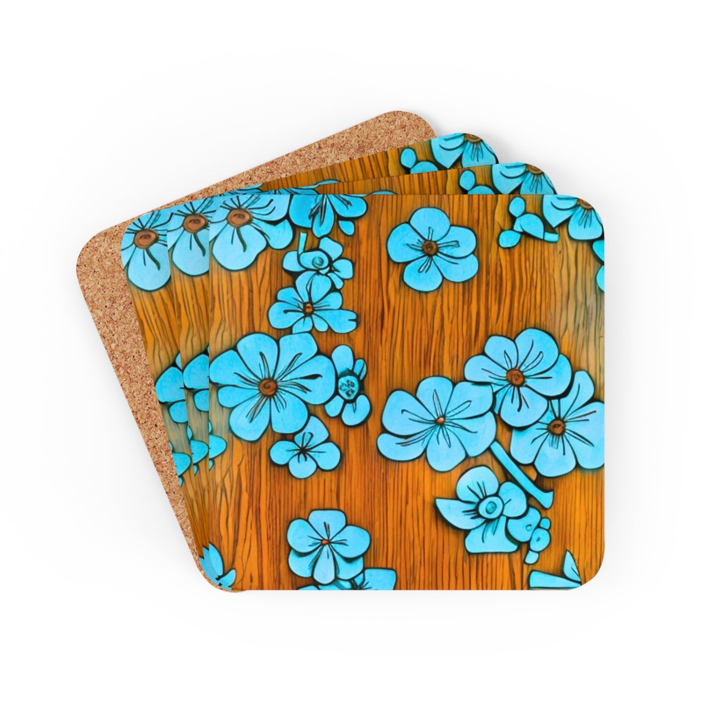 Hibiscus Teak Board Tiki Midcentury Modern Pattern Cocktail Party Beverage Entertaining Corkwood Coaster Set